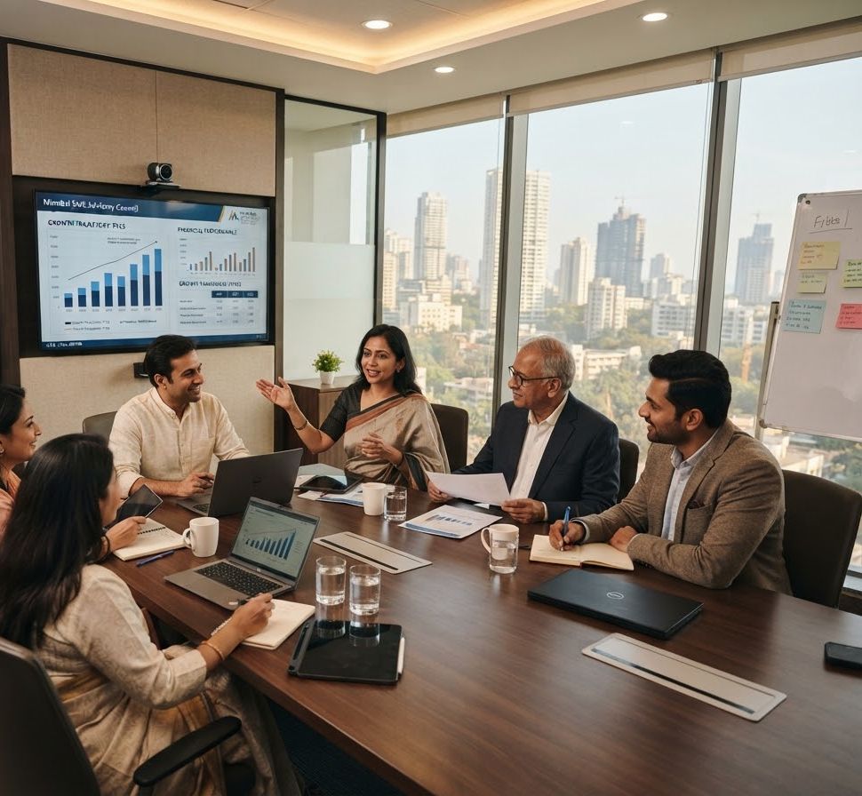 Business owners and advisors in a meeting in a Mumbai office, reviewing financial charts