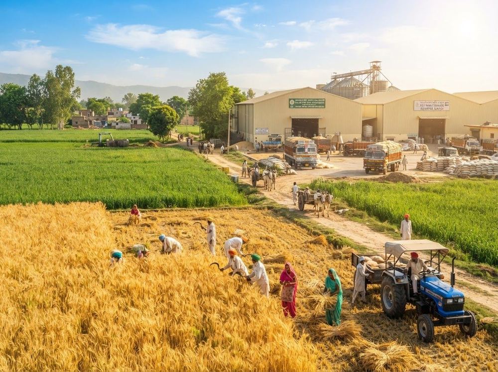 Farmers harvesting wheat beside a grain mandi and storage warehouses in rural India