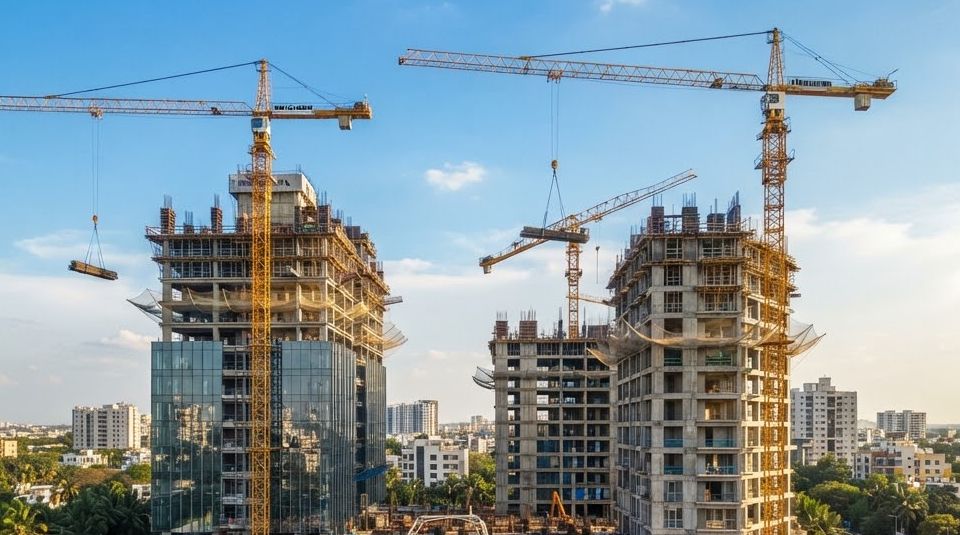 High-rise residential and commercial towers under construction with tower cranes in an Indian city